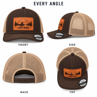 Lake Mode Lake Fishing Graphic Leather Patch Trucker Hat
