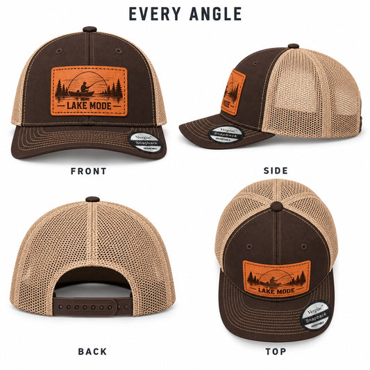 Lake Mode Lake Fishing Graphic Leather Patch Trucker Hat