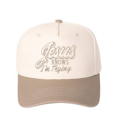 Jesus Knows I'm Trying Embroidered Trucker Hat