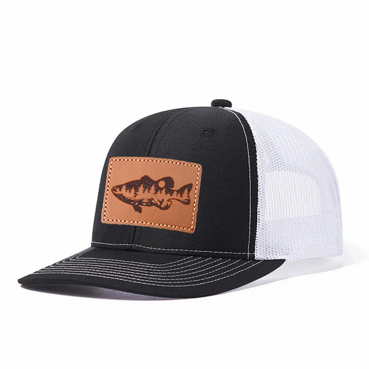 Largemouth Bass Scene Leather Patch Trucker Hat