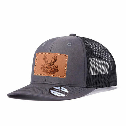 Elk Among Flowers Leather Patch Baseball Cap, Men's Breathable Adjustable Mesh Trucker Hat for Outdoor and Travel Wear