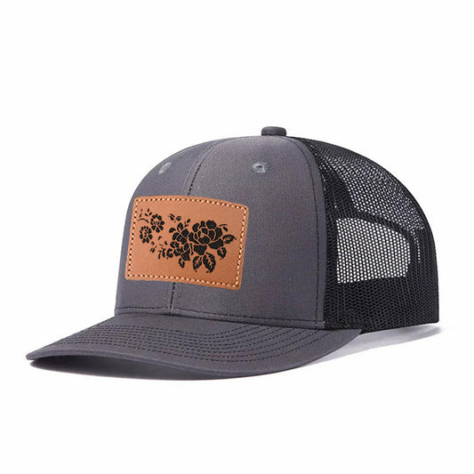 Vintage Floral Rose Leather Patch Trucker Hat