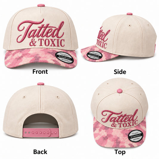 Tatted & TOXIC Decorative Script Embroidered 5-Panel Cotton Trucker Hat with Printed Brim and Structured Front, Adjustable Unisex Baseball Cap, 1 Piece