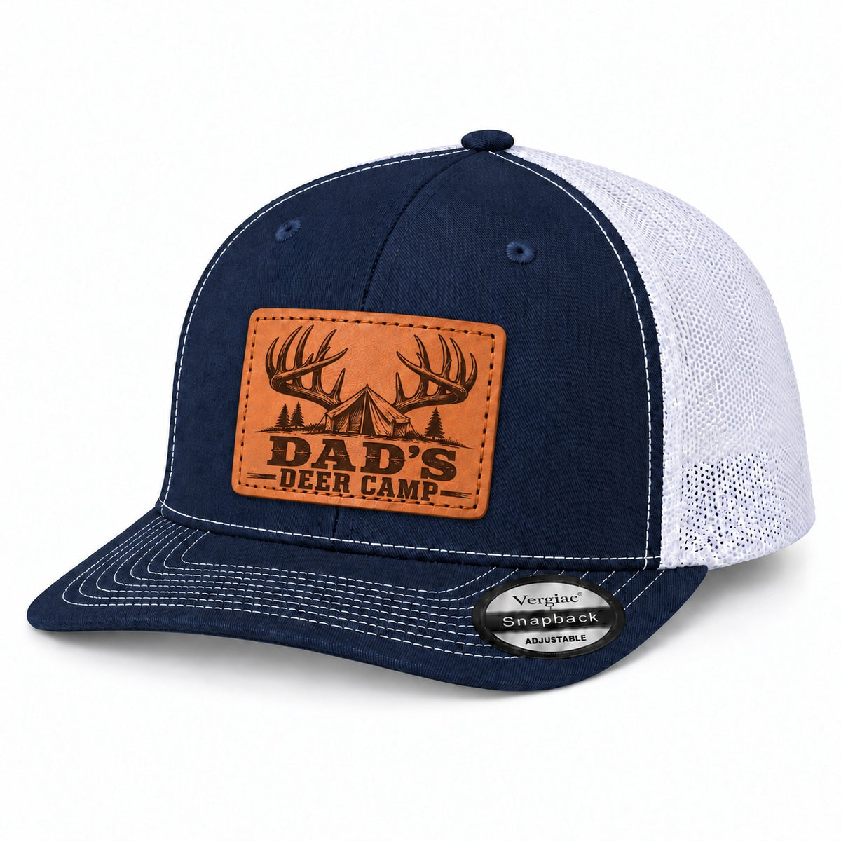 Dad's Deer Camp Antler And Tent Graphic Leather Patch Trucker Hat