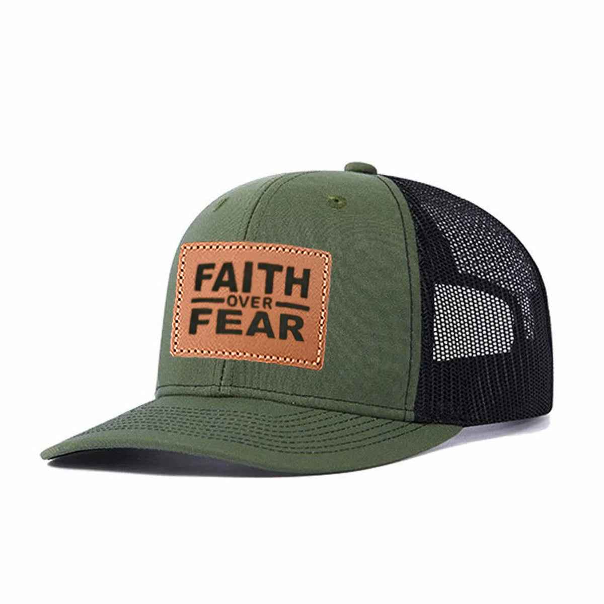 Faith Over Fear Leather Patch Trucker Hat