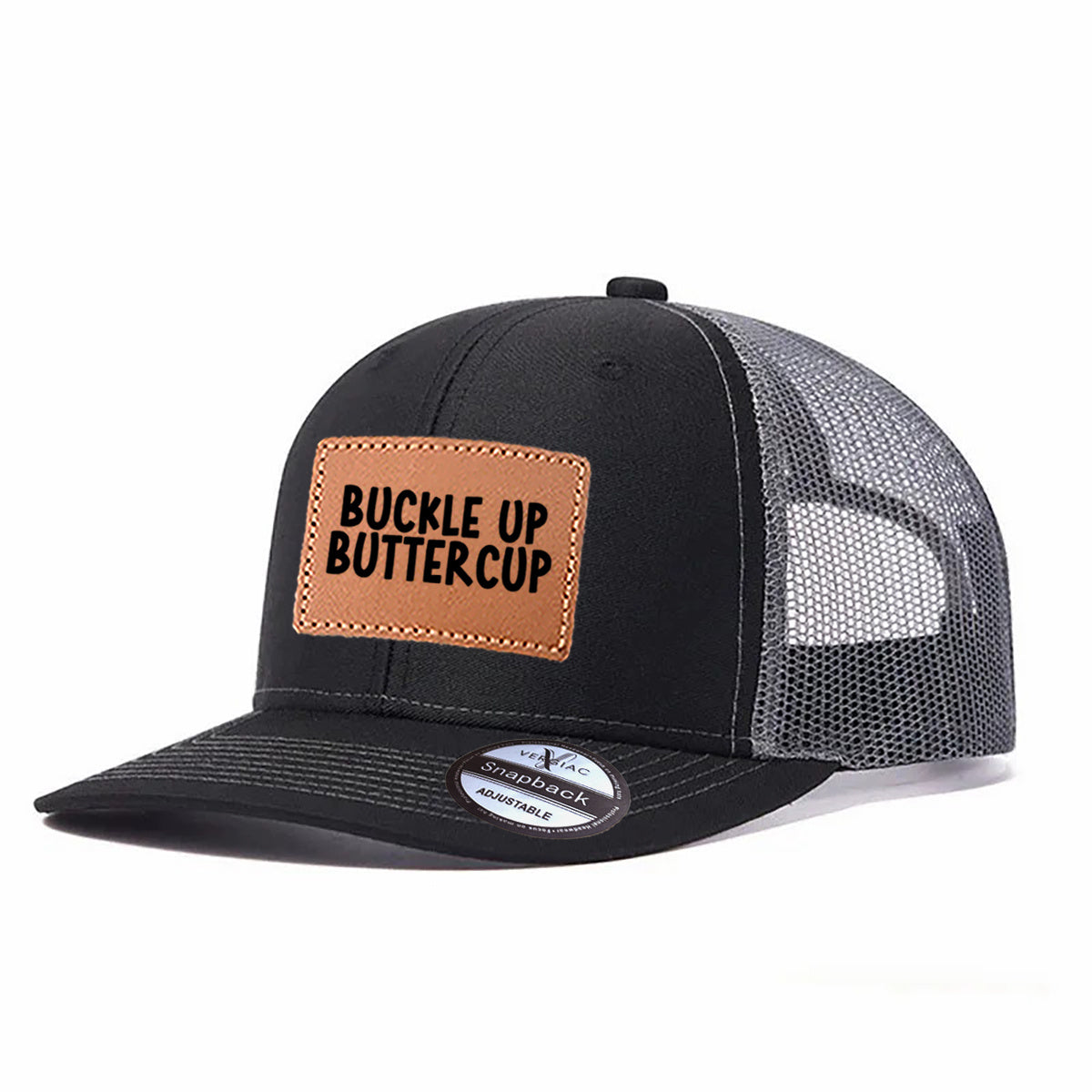 Buckle Up Buttercup Leather Patch Trucker Hat