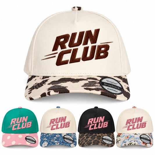 RUN CLUB Sports Letter Embroidered 5-Panel Cotton Trucker Hat with Printed Brim and Structured Front, Adjustable Unisex Baseball Cap, 1 Piece