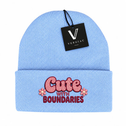 A Cute WITH BOUNDARIES Embroidered Acrylic Knitted Hat Unisex High Elasticity High Gram Weight Warm and Comfortable