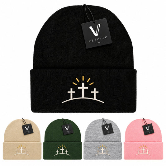 A Three Crosses with Rays Embroidered Acrylic Knitted Hat Unisex High Elasticity High Gram Weight Warm and Comfortable