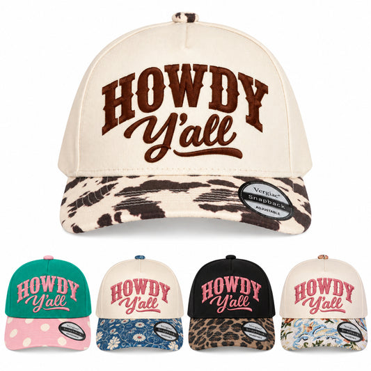 HOWDY Yall Western Script Embroidered 5-Panel Cotton Trucker Hat with Printed Brim and Structured Front, Adjustable Unisex Baseball Cap, 1 Piece