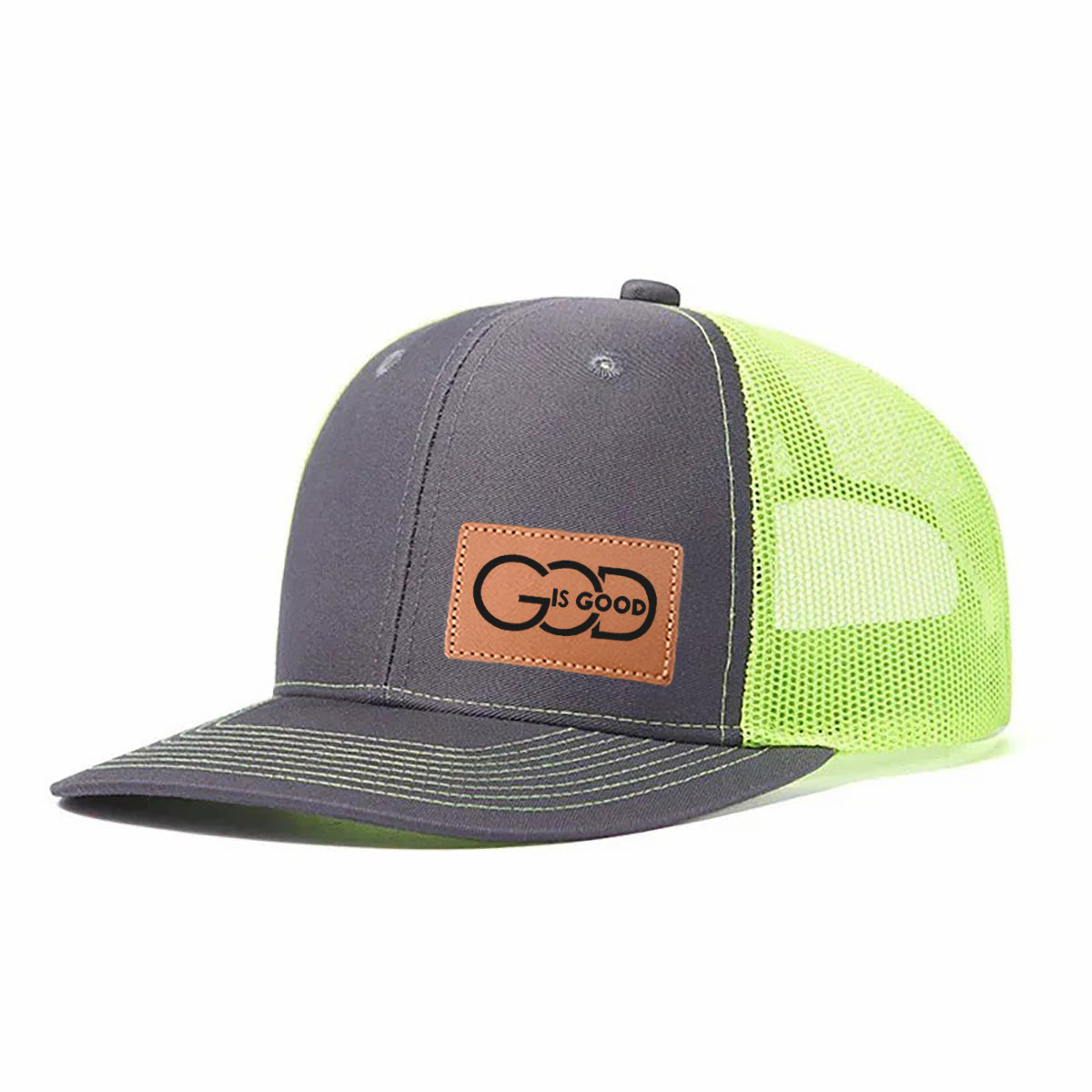 God Is Good Leather Patch Trucker Hat