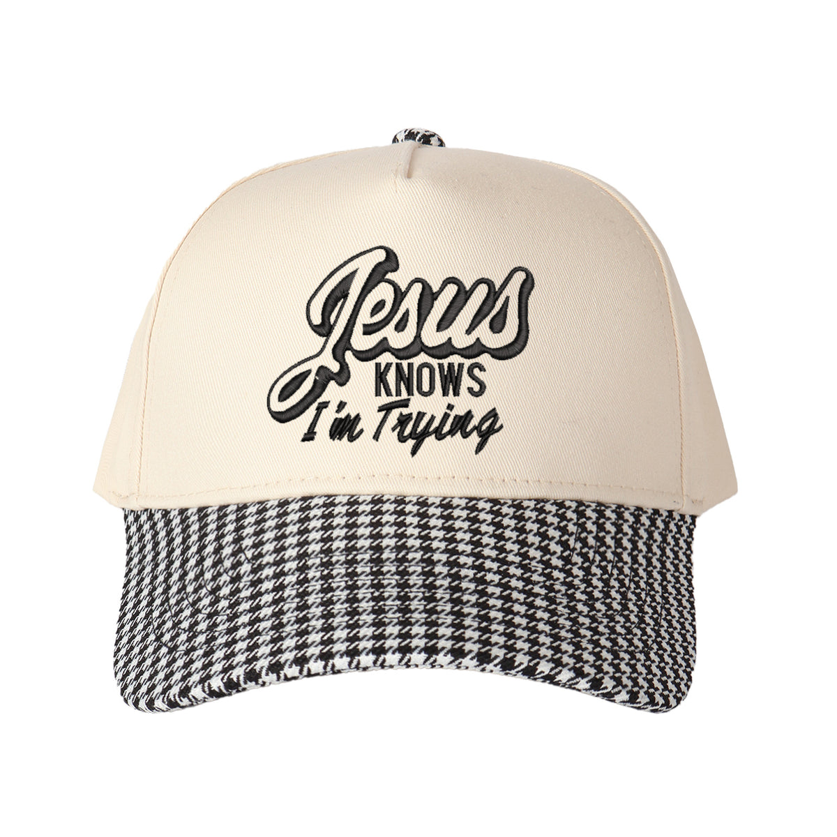 Jesus Knows I'm Trying Embroidered Trucker Hat