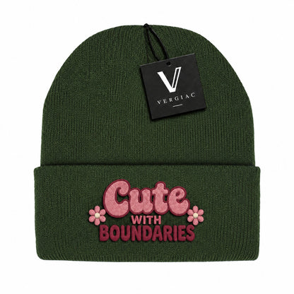 A Cute WITH BOUNDARIES Embroidered Acrylic Knitted Hat Unisex High Elasticity High Gram Weight Warm and Comfortable