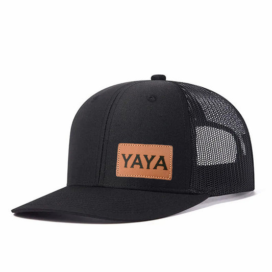 YAYA Leather Patch Embroidered Color Block Trucker Hat Unisex Adjustable Cotton Breathable Fashion Cap for Travel Daily Wear