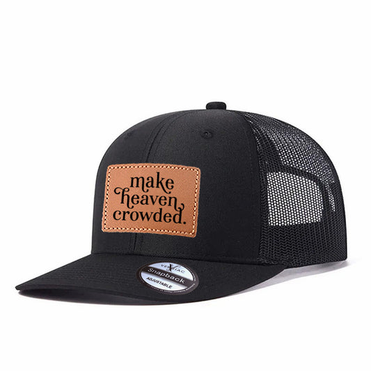 Make heaven crowded Lettering Leather Patch Baseball Cap, Men's Breathable Adjustable Mesh Trucker Hat for Outdoor and Travel Wear