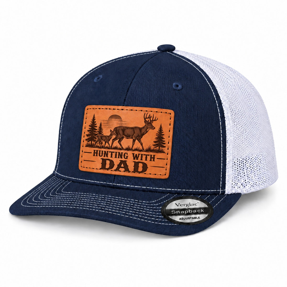 Hunting With Dad Deer And Pine Tree Graphic Leather Patch Trucker Hat