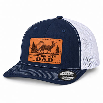Hunting With Dad Deer And Pine Tree Graphic Leather Patch Trucker Hat