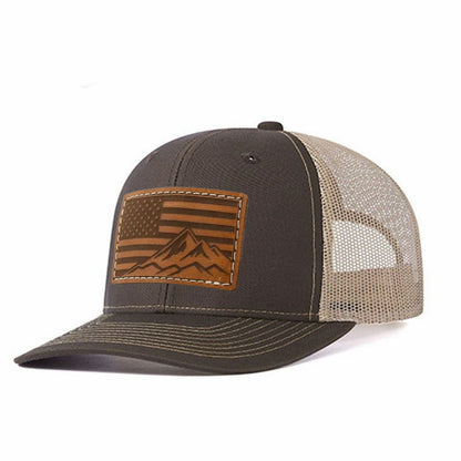 USA Flag Mountain Leather Patch Trucker Hat