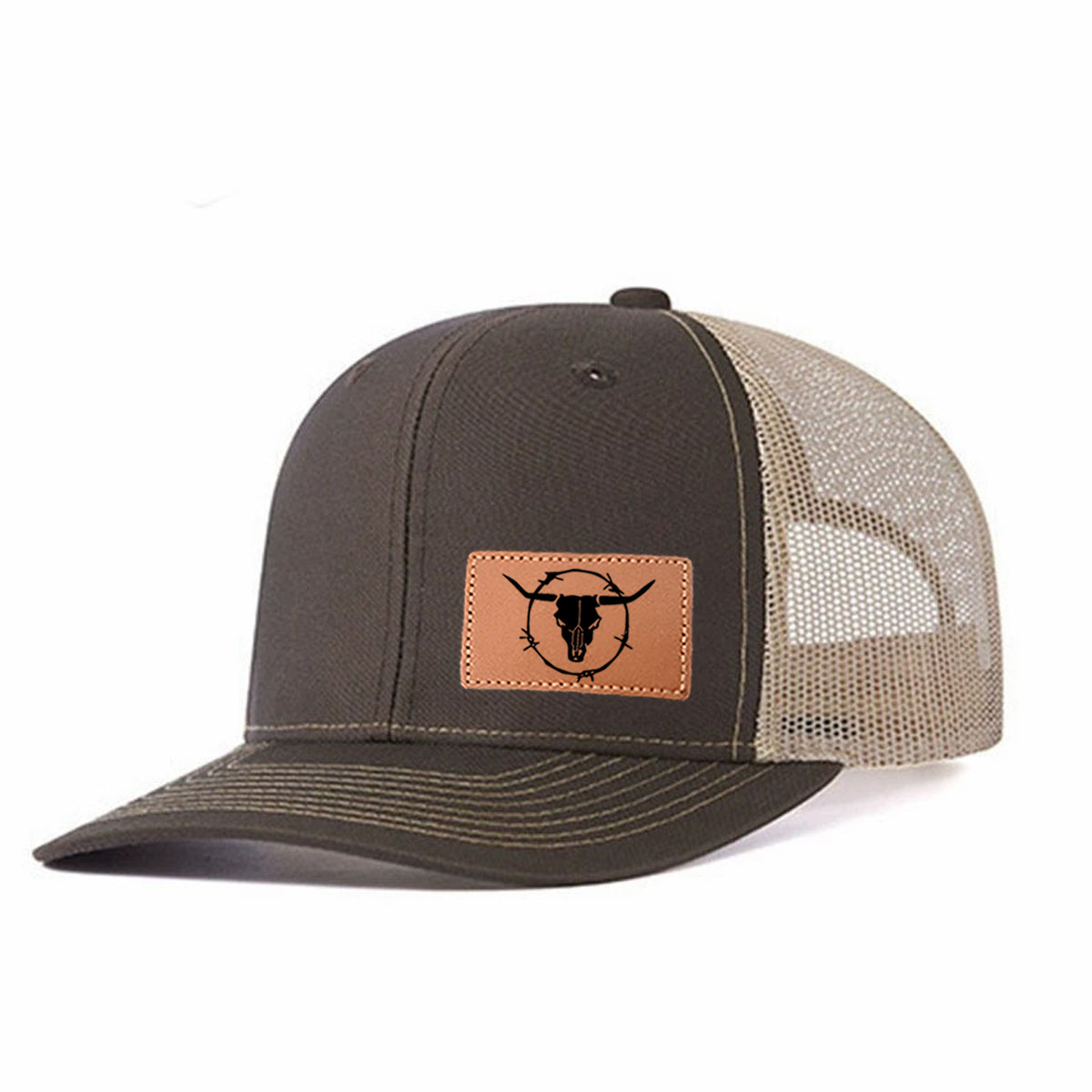 Black Bull Horns Leather Patch Trucker Hat