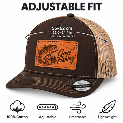 Gone Fishing Leather Patch Trucker Hat