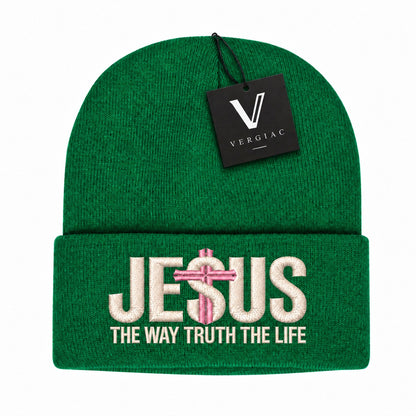 A JESUS Embroidered Acrylic Knitted Hat Unisex High Elasticity High Gram Weight Warm and Comfortable