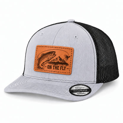 On The Fly Trout Fly Fishing Graphic Leather Patch Trucker Hat
