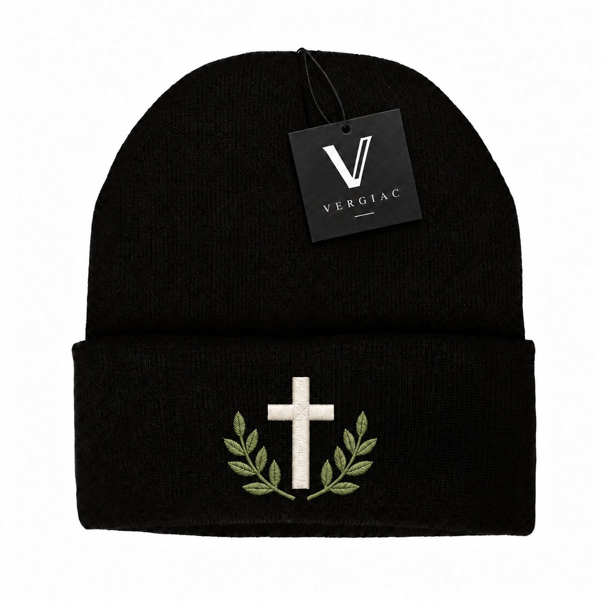 A Cross and Olive Branches Embroidered Acrylic Knitted Hat Unisex High Elasticity High Gram Weight Warm and Comfortable