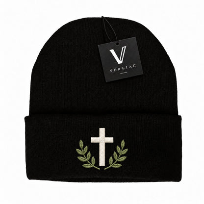 A Cross and Olive Branches Embroidered Acrylic Knitted Hat Unisex High Elasticity High Gram Weight Warm and Comfortable