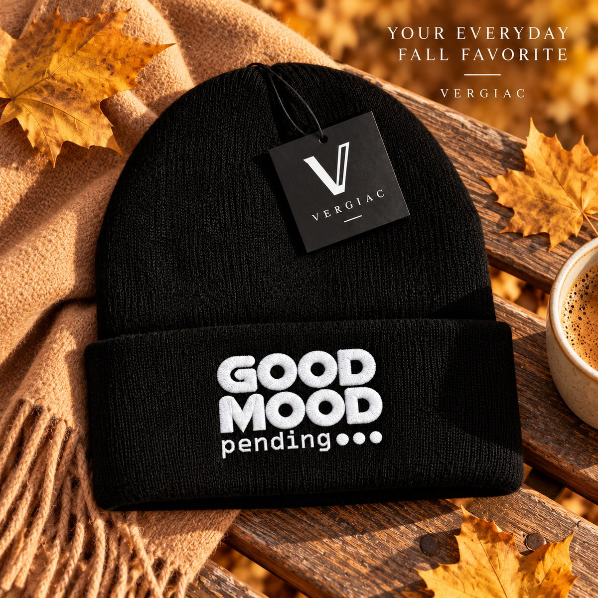 A GOOD MOOD pending... Embroidered Acrylic Knitted Hat Unisex High Elasticity High Gram Weight Warm and Comfortable