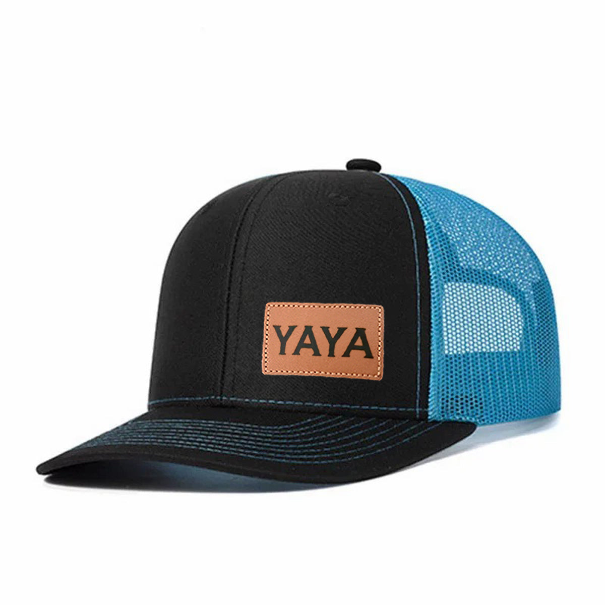 YAYA Leather Patch Embroidered Color Block Trucker Hat Unisex Adjustable Cotton Breathable Fashion Cap for Travel Daily Wear