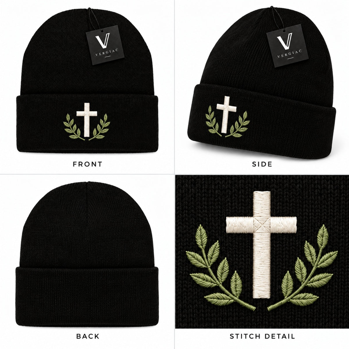 A Cross and Olive Branches Embroidered Acrylic Knitted Hat Unisex High Elasticity High Gram Weight Warm and Comfortable
