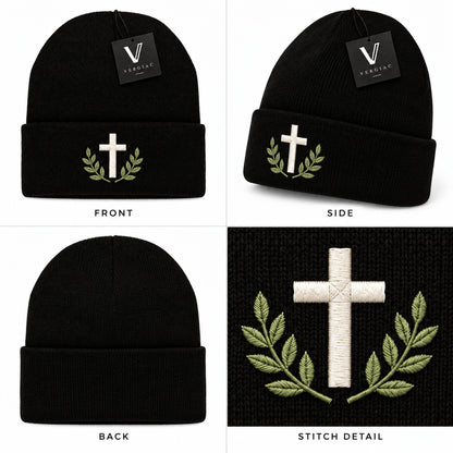 A Cross and Olive Branches Embroidered Acrylic Knitted Hat Unisex High Elasticity High Gram Weight Warm and Comfortable