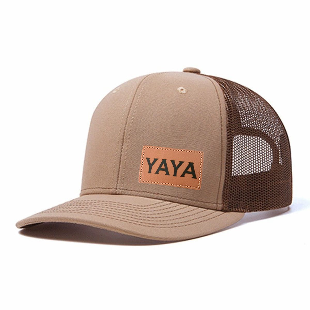YAYA Leather Patch Embroidered Color Block Trucker Hat Unisex Adjustable Cotton Breathable Fashion Cap for Travel Daily Wear