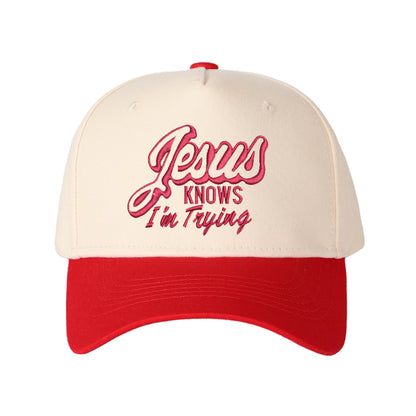 Jesus Knows I'm Trying Embroidered Trucker Hat