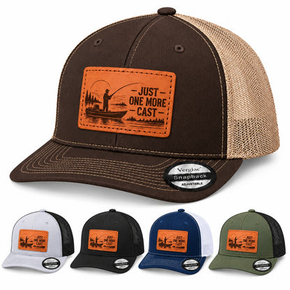 Just One More Cast Boat And Fishing Cast Graphic Leather Patch Trucker Hat