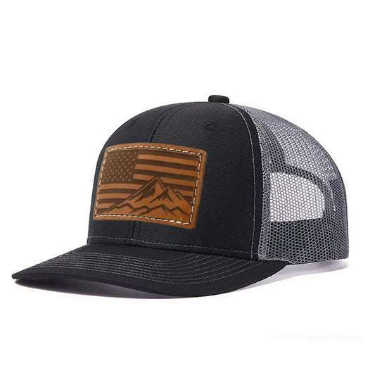 USA Flag Mountain Leather Patch Trucker Hat