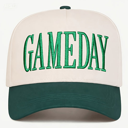 A Baseball Cap Featuring a Warm-Toned Color Block Design, Adorned with Embroidered Capital Letters Spelling GAMEDAY on The Front