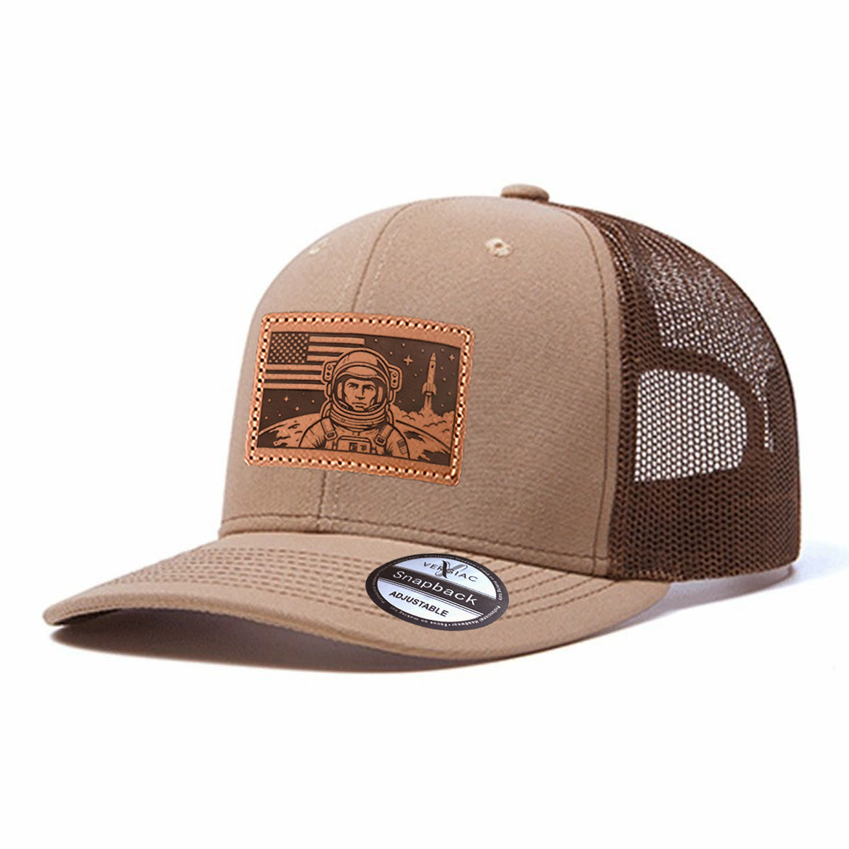 American Astronaut and Rocket Leather Patch Baseball Cap, Men's Breathable Adjustable Mesh Trucker Hat for Outdoor and Travel Wear