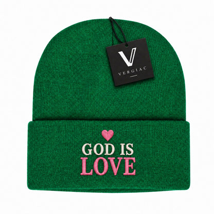 A GOD IS LOVE Embroidered Acrylic Knitted Hat Unisex High Elasticity High Gram Weight Warm and Comfortable
