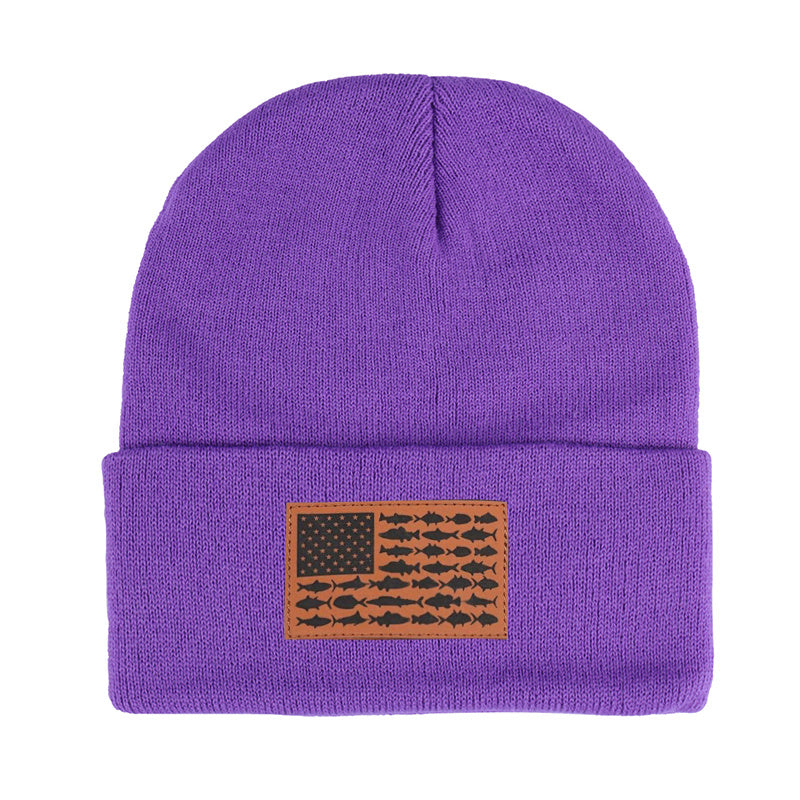 American Flag Leather Patch Beanie
