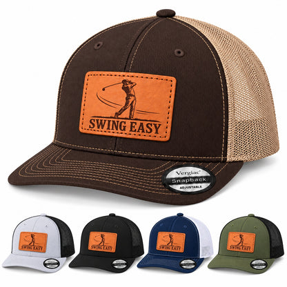 Swing Easy Golf Swing Graphic Leather Patch Trucker Hat