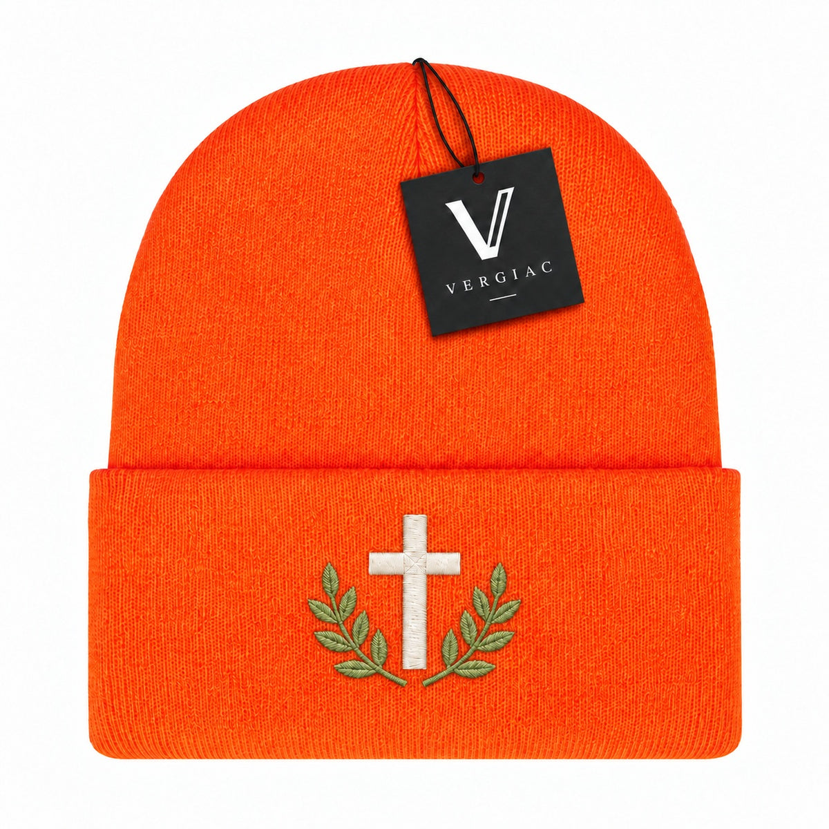 A Cross and Olive Branches Embroidered Acrylic Knitted Hat Unisex High Elasticity High Gram Weight Warm and Comfortable