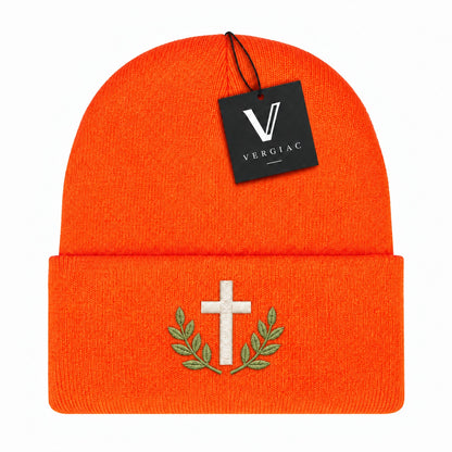 A Cross and Olive Branches Embroidered Acrylic Knitted Hat Unisex High Elasticity High Gram Weight Warm and Comfortable