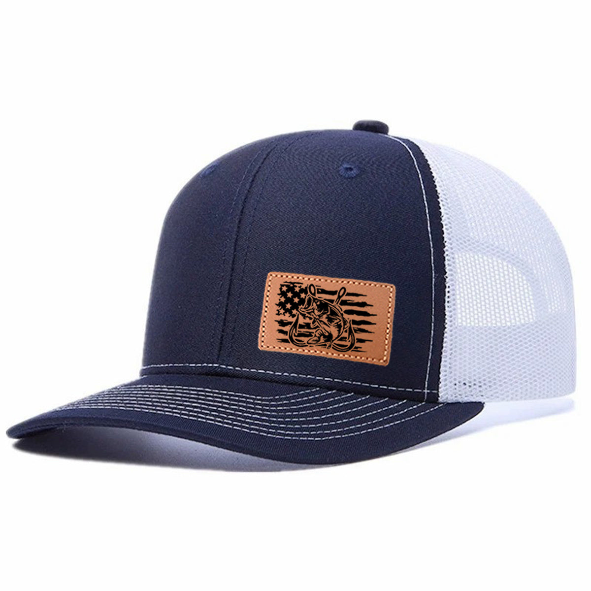 Fishing-themed Leather Patch Trucker Hat