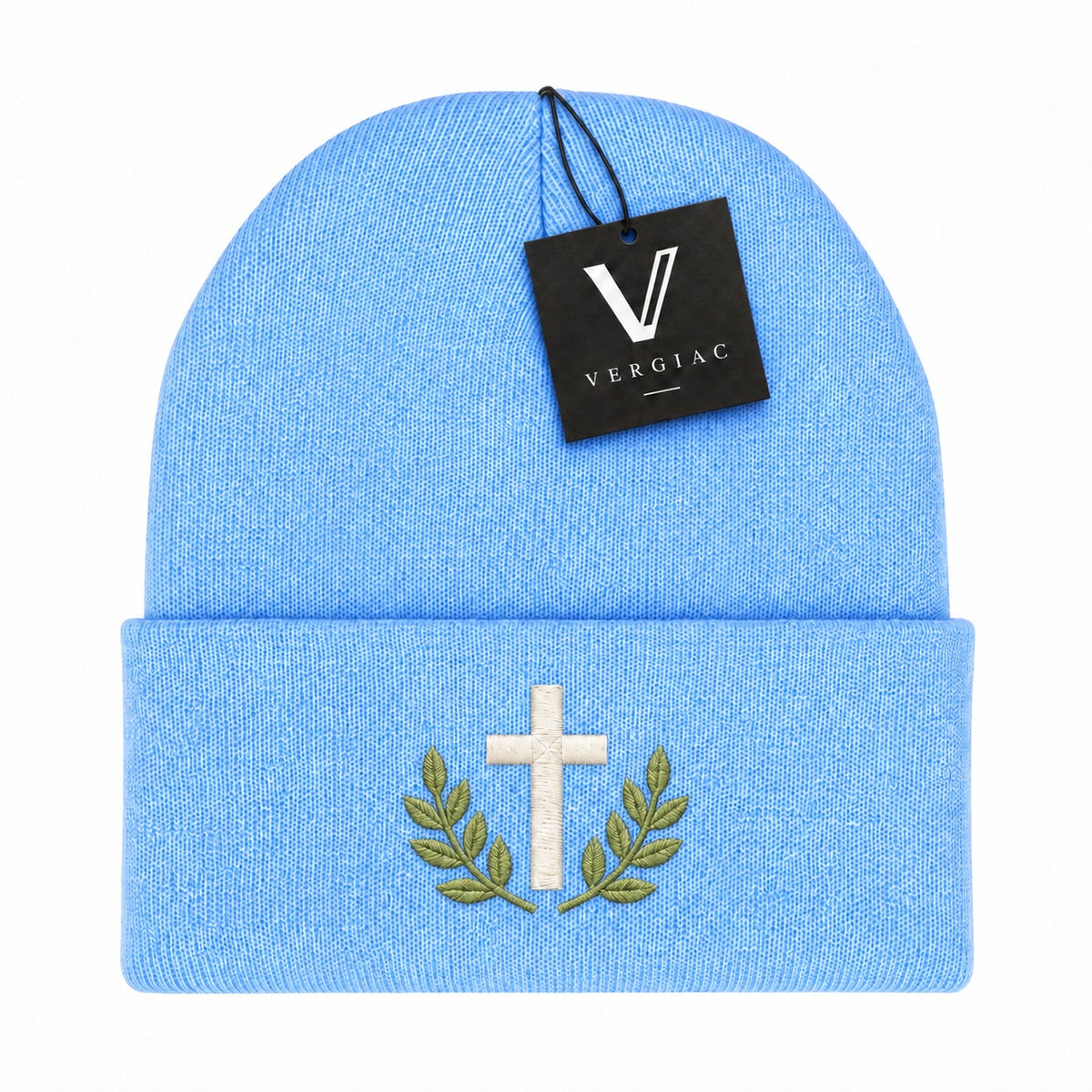 A Cross and Olive Branches Embroidered Acrylic Knitted Hat Unisex High Elasticity High Gram Weight Warm and Comfortable