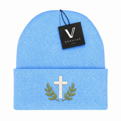 A Cross and Olive Branches Embroidered Acrylic Knitted Hat Unisex High Elasticity High Gram Weight Warm and Comfortable