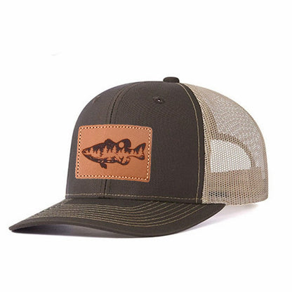 Largemouth Bass Scene Leather Patch Trucker Hat