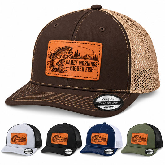 Early Mornings Bigger Fish Leather Patch Trucker Hat