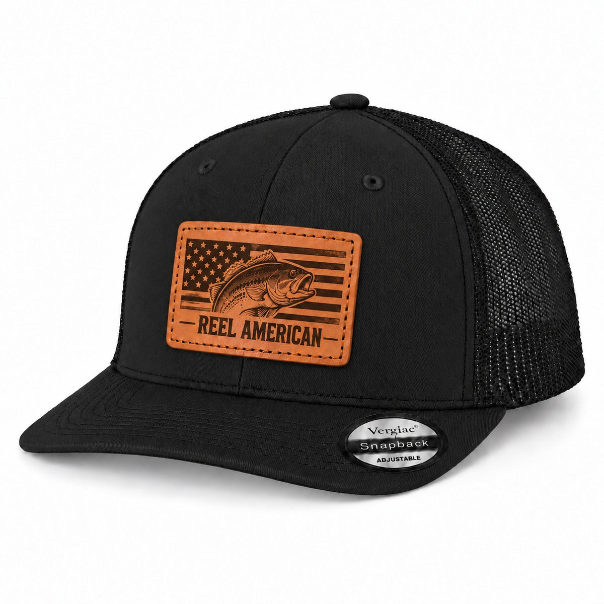 Reel American American Flag And Bass Graphic Leather Patch Trucker Hat