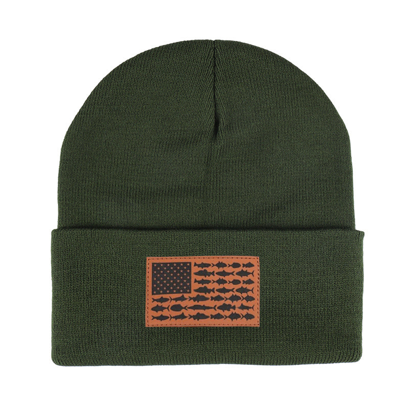 American Flag Leather Patch Beanie